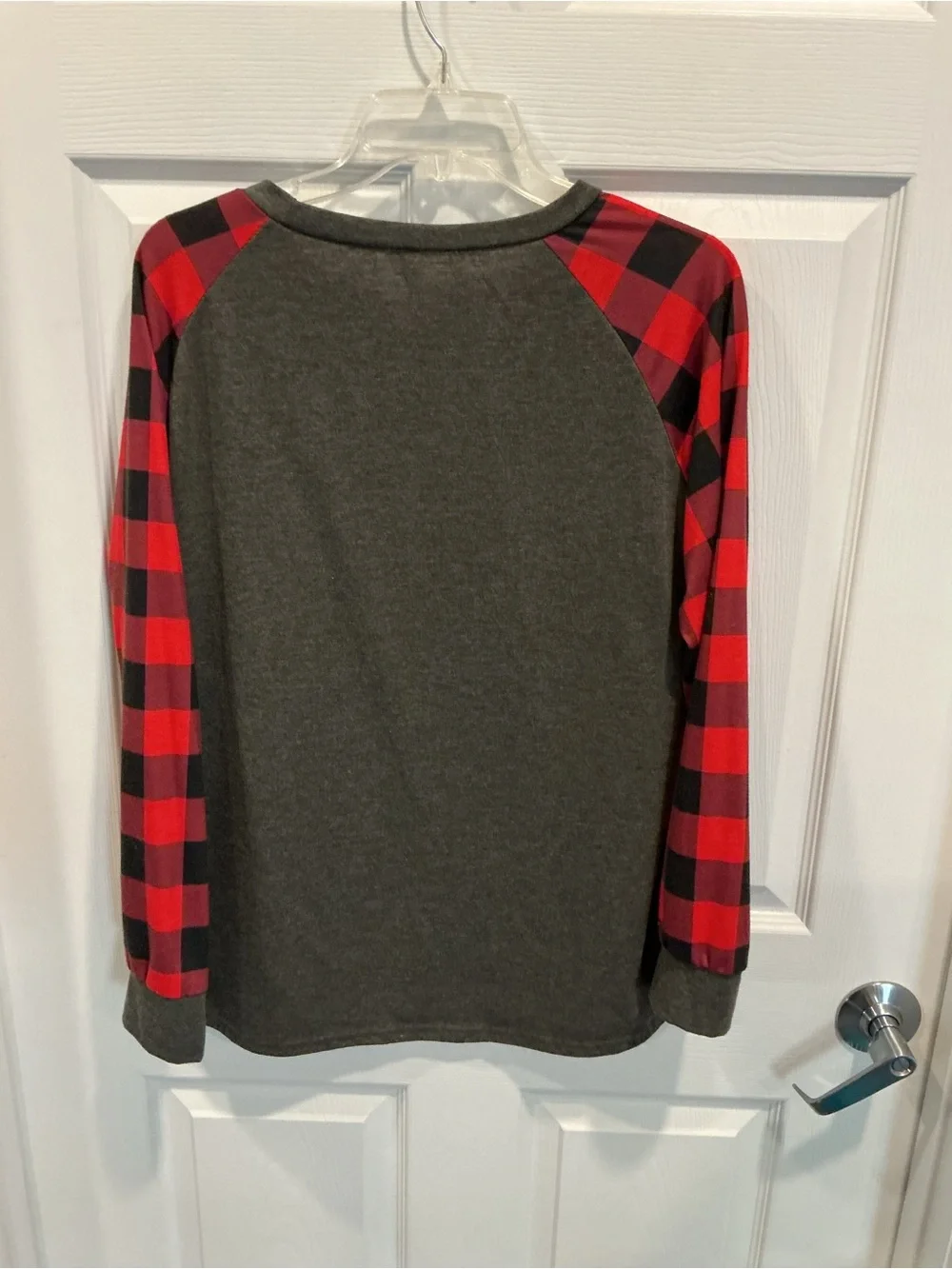 Gray Raglan Top with Red & Black Buffalo Plaid Sleeves